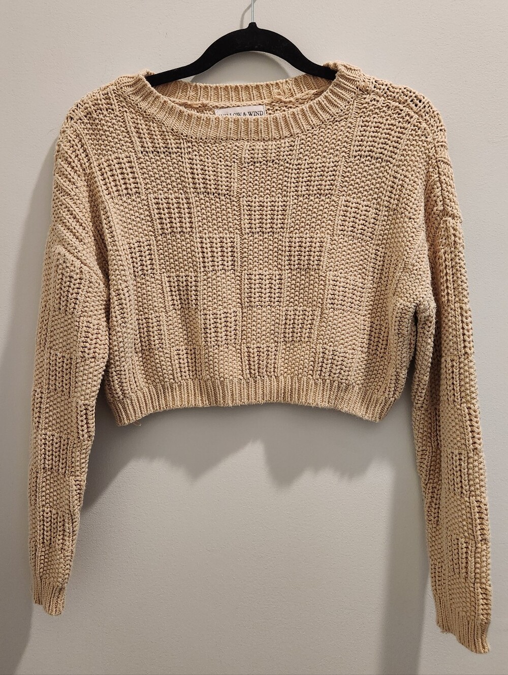 Cream Cropped Knit Sweater - Classic Crewneck - Checkered Knit Detail - Picture 2 of 7